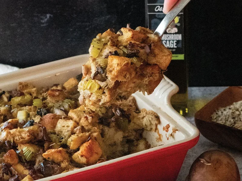Savory Bacon Mushroom Stuffing with Sage Oil