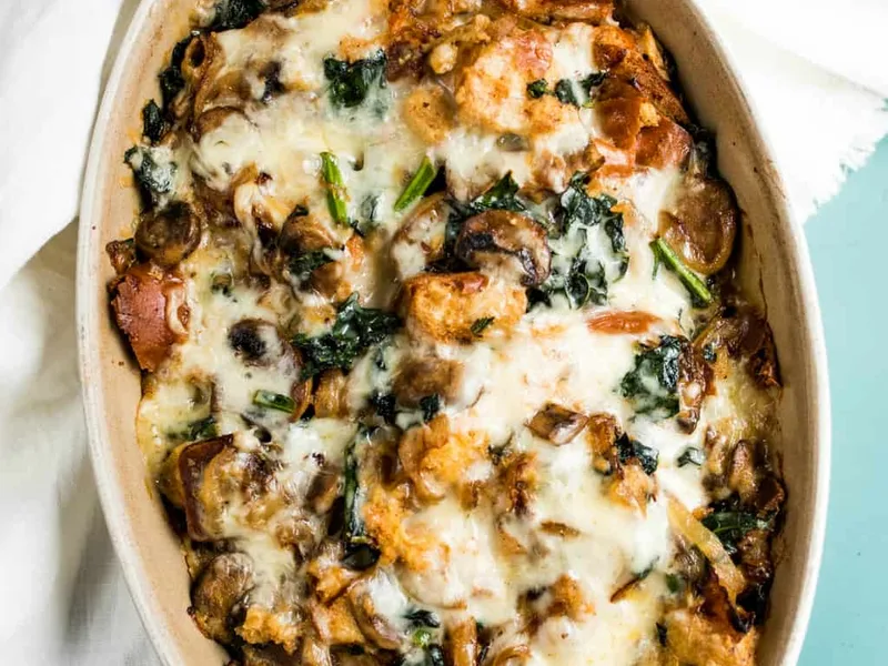 Cheesy Mushroom Kale Challah Bread Pudding with Caramelized Onions