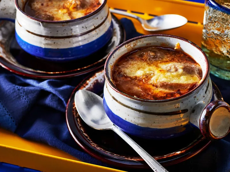 French Onion Potato Soup with Caramelized Onions and Cheese