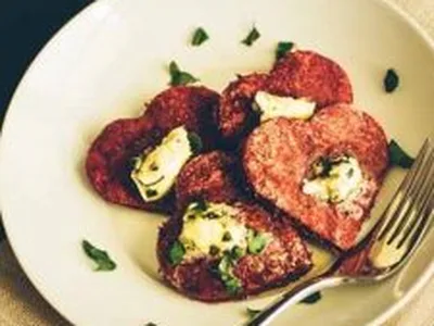 Beet Semolina Patties with Garlic Butter and Walnut Pesto