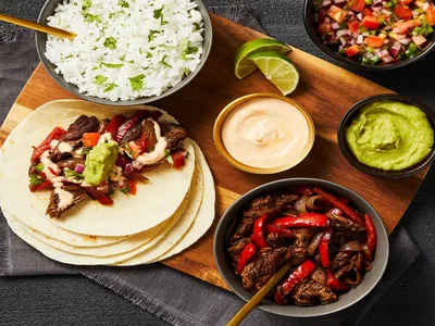 Cantina Steak Fajitas with Cilantro Rice and Fresh Toppings
