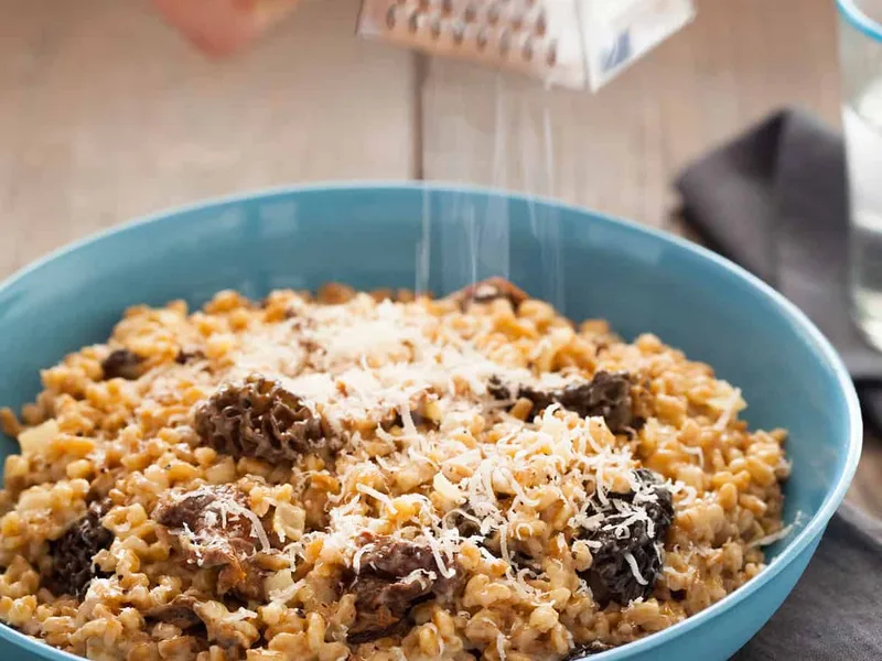 Wild Mushroom Farro Risotto with Mascarpone and Parmesan
