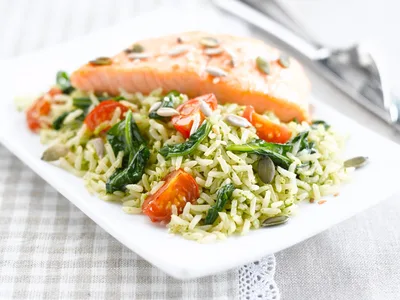 Brown Basmati Rice with Salmon and Spinach Pesto