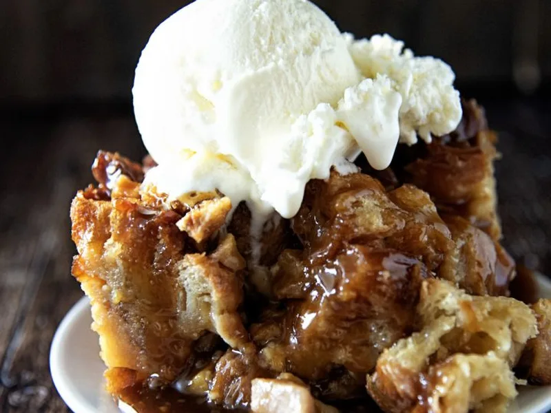 Honey Pear Ginger Bread Pudding with Caramel Sauce