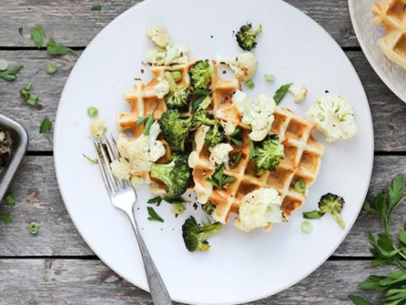 Savory Cheese Herb Waffles with Roasted Broccoli Cauliflower