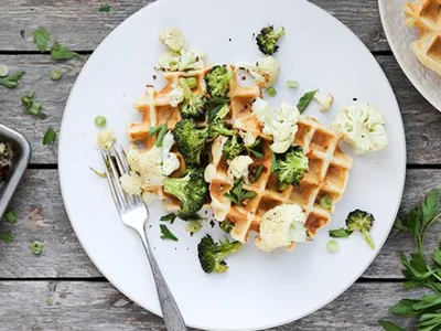 Savory Cheese Herb Waffles with Roasted Broccoli Cauliflower