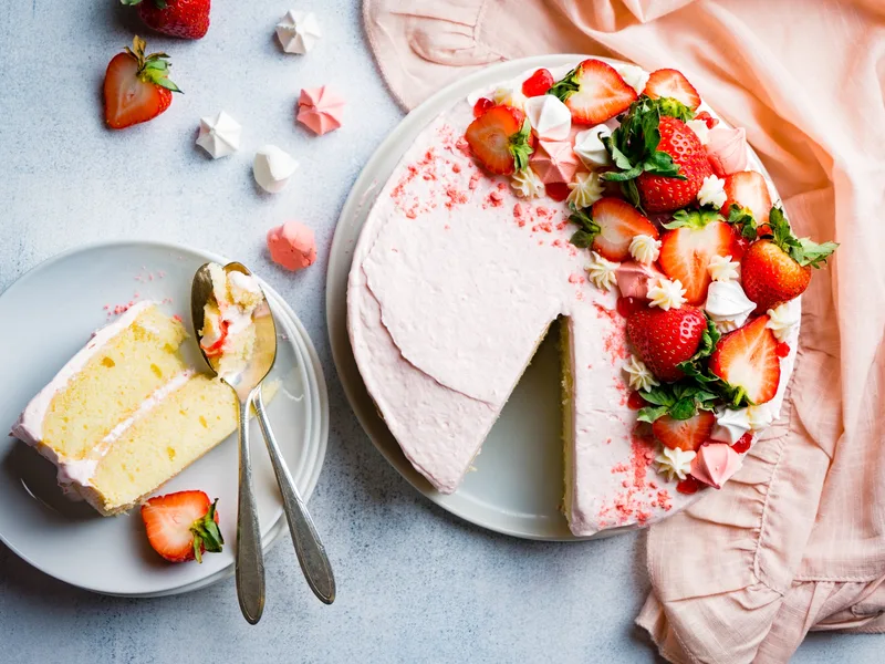 Strawberry Frosted White Layer Cake with Chocolate Whipped Topping
