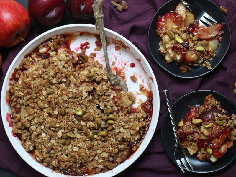 Plum Apple Cardamom Crumble with Pistachios