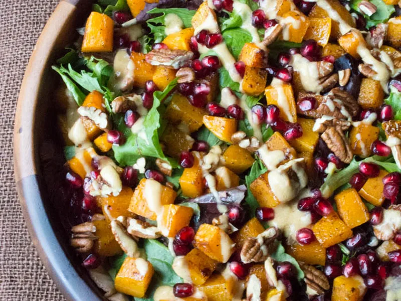 Roasted Butternut Squash Salad with Pomegranate and Tahini