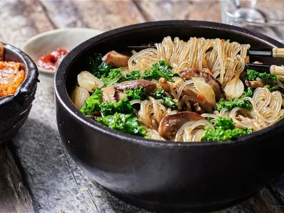 Korean Beef Japchae with Kale and Glass Noodles
