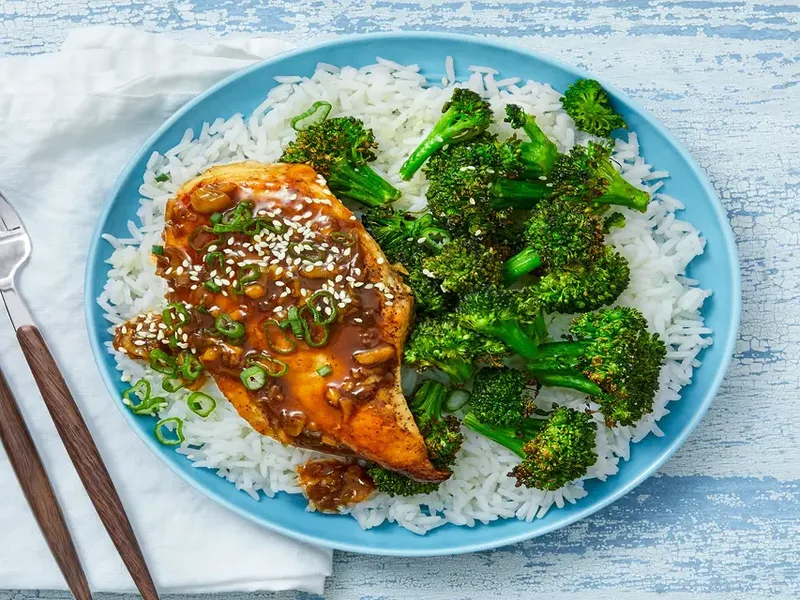 Honey Sesame Chicken with Roasted Broccoli and Jasmine Rice