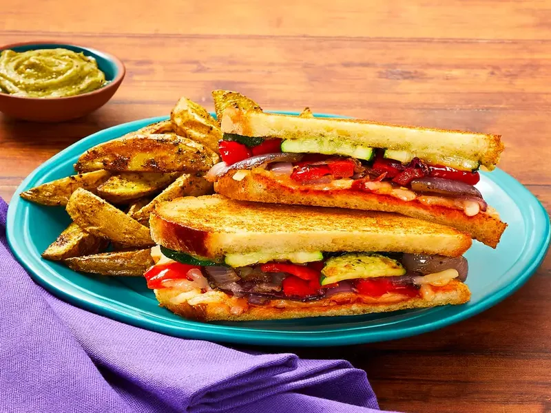 Double Red Pepper Panini with Crispy Potato Wedges and Aioli