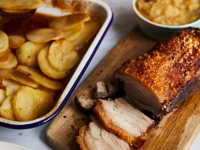 Crispy Pork Belly with Drunken Potatoes and Nashi Pear Sauce
