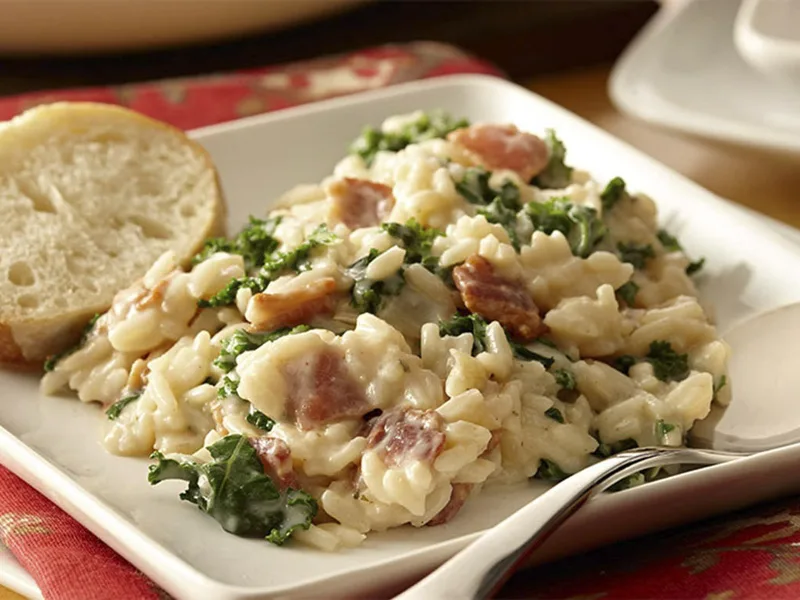 Creamy Parmesan Rice with Bacon and Kale