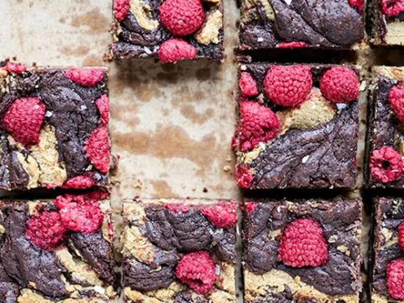 Chocolate Peanut Butter Swirl Brownies with Fresh Raspberries