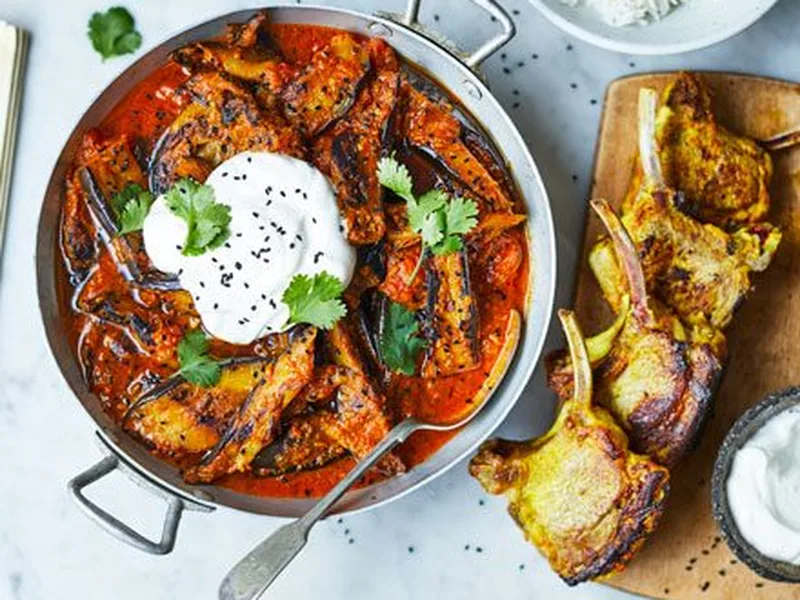 Spiced Aubergine Curry with Lamb Cutlets