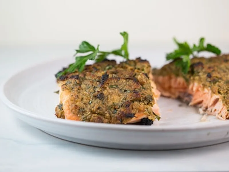 Maple-Dijon Almond Crusted Salmon with Apple Spinach Salad