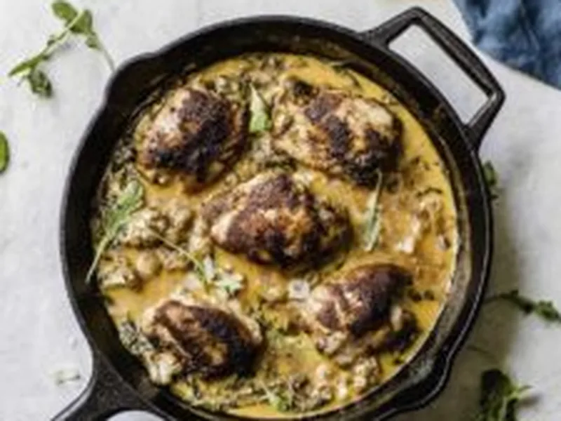 One Skillet Lemon Butter Chicken with Chickpeas and Cauliflower