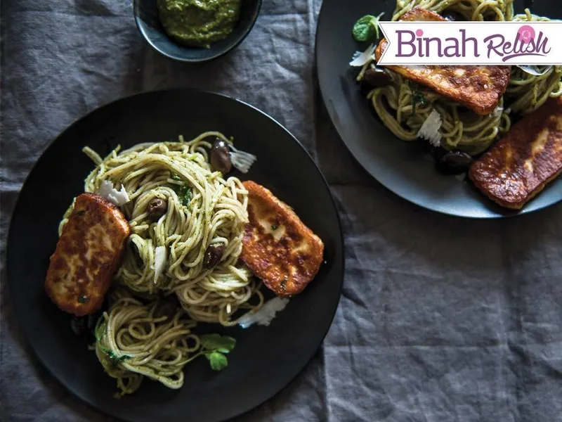 Fried Halloumi Spaghetti with Pistachio Basil-Mint Pesto