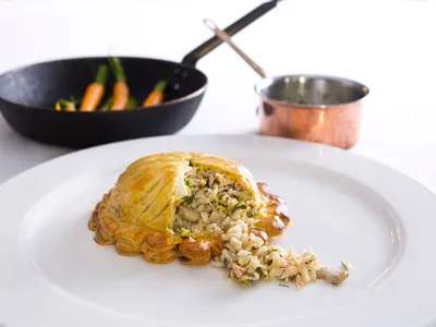 Salmon puff pastry tart with brown basmati rice