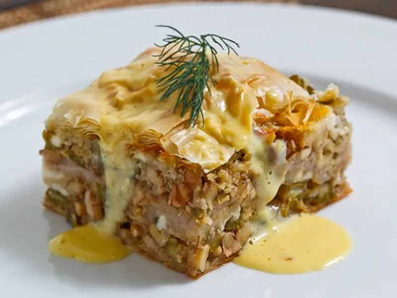 Asparagus Walnut Phyllo Pie with Creamy Avgolemono Sauce