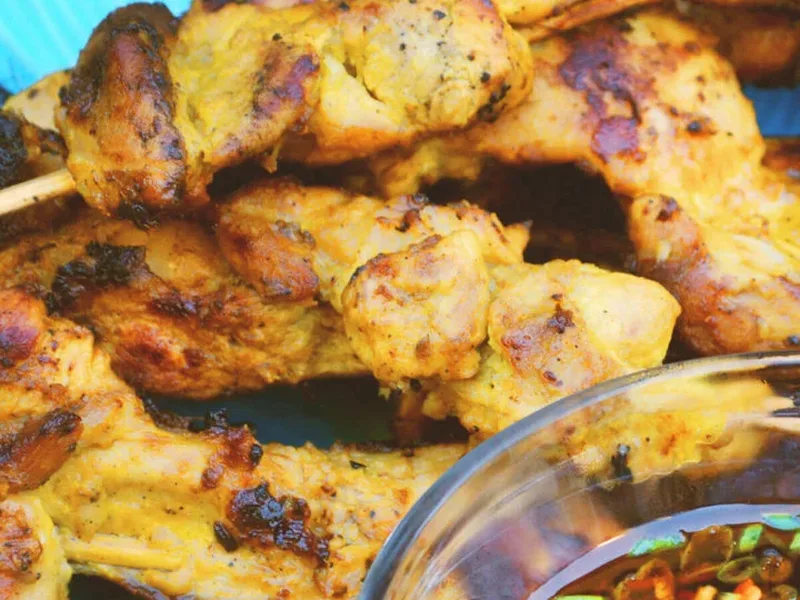 Thai Chicken Satay Kabobs with Red Pepper Dipping Sauce