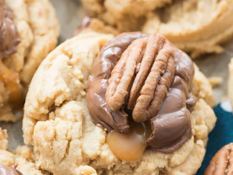 Turtle Peanut Butter Cookies with Caramel and Pecans