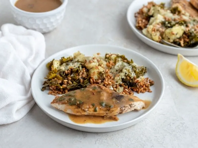 Farro Cauliflower Kale Gratin with Fresh Chickpea Salad