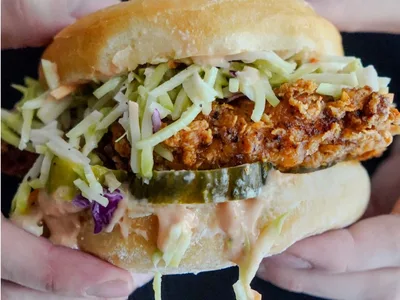 Crispy Fried Chicken Donut Sandwich with Broccoli Slaw