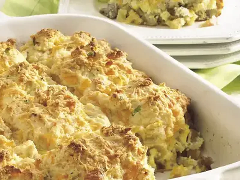 Sausage Apple Cheddar Biscuit Bake with Buttermilk Drop Biscuits