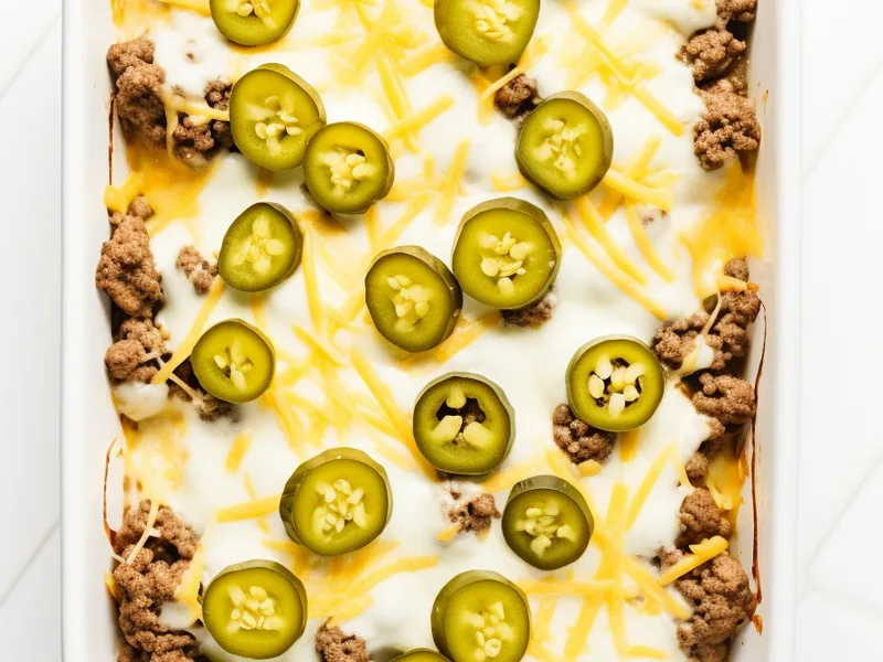 Big Mac Casserole with Ground Beef and Cheese Sauce