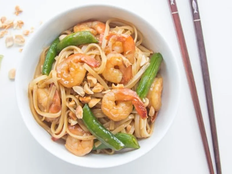 Hoisin Shrimp Noodles with Snap Peas and Peanuts