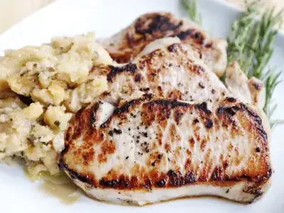 Beer Brined Pork Chops with Herb Roasted Apples