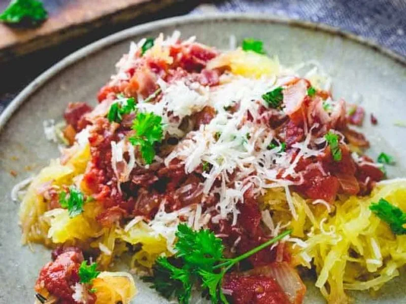 Spaghetti Squash with Amatriciana Sauce - Bacon and Tomato