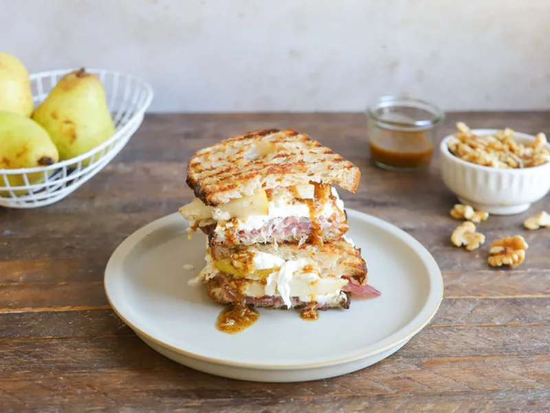 Walnut Pesto Burrata Panini with Pear and Prosciutto