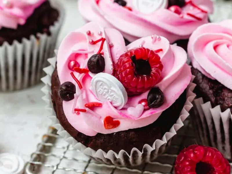 Vegan Heart-Shaped Chocolate Fudge Cupcakes with Pink Frosting