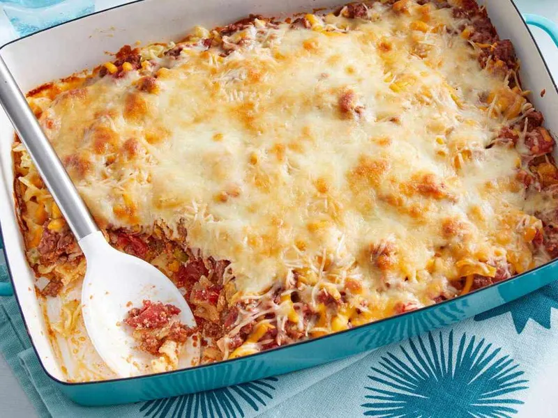 Fiesta Beef and Rice Casserole with Black Beans and Cheddar