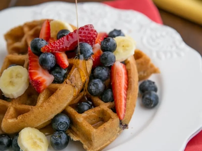 Whole Wheat Blueberry Waffles with Honey and Olive Oil