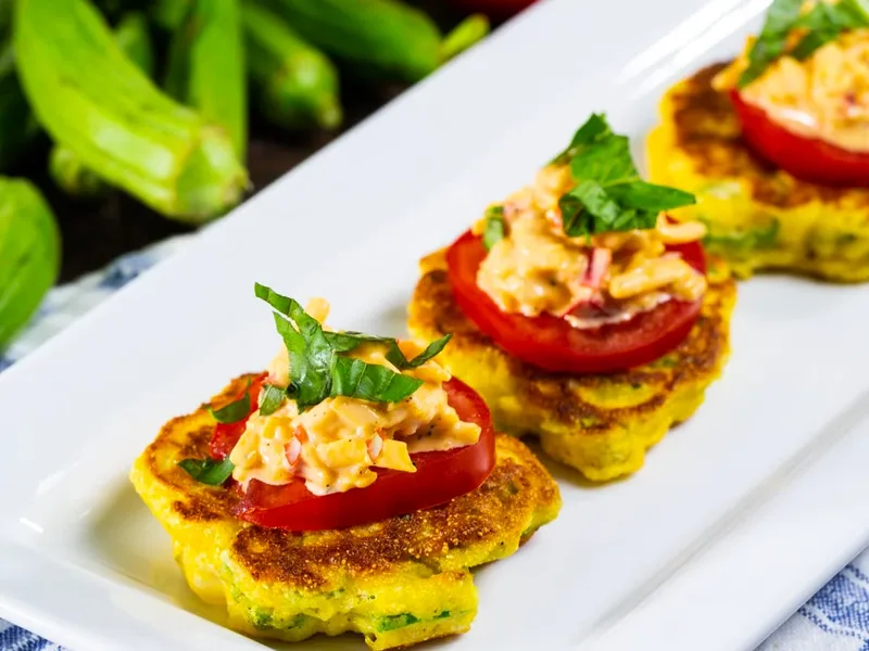 Southern Okra Cornmeal Pancakes with Pimento Cheese