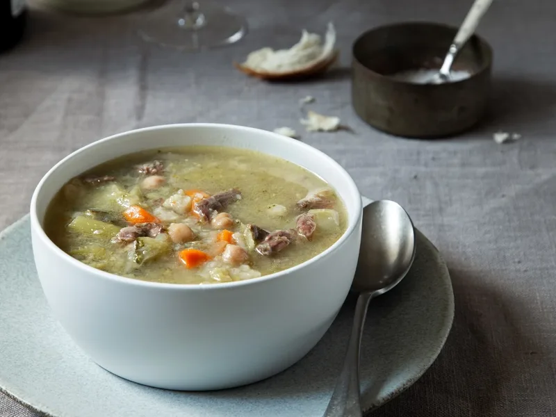 Hearty Flanken Vegetable Soup with Chickpeas and Broccoli