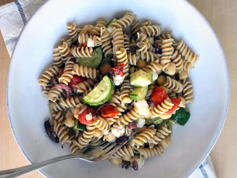 Roasted Vegetable Antipasto Pasta Salad with Chickpeas