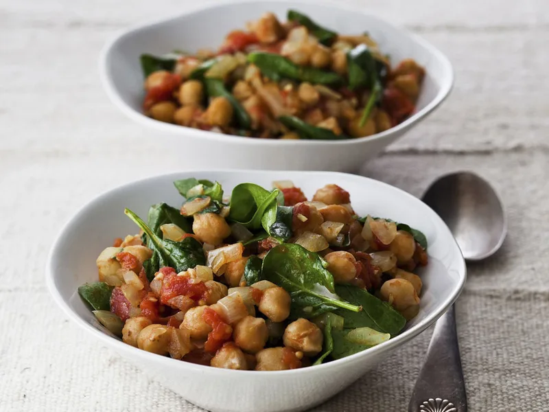 Roasted Chickpeas with Spiced Tomato-Spinach Curry