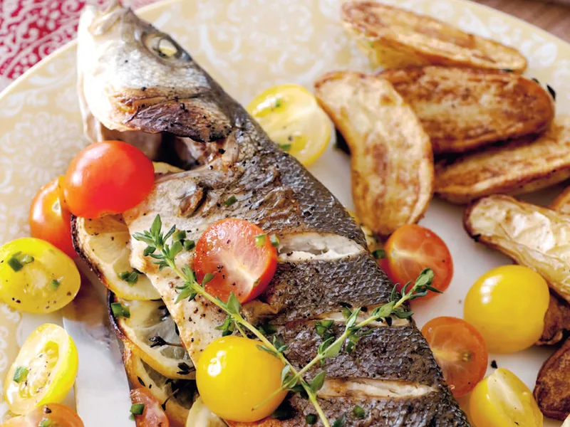 Greek-Style Grilled Fish with Marinated Cherry Tomatoes