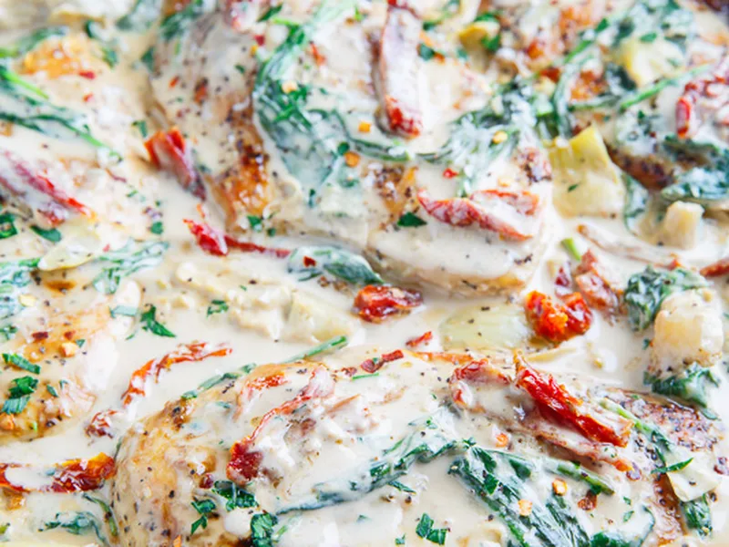 One-Pan Spinach Artichoke Chicken with Sundried Tomatoes