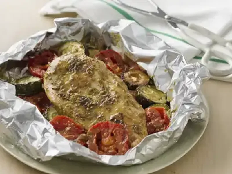 Grilled Pesto Chicken Foil Packets with Zucchini and Tomatoes
