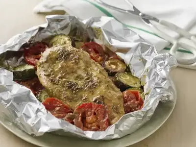 Grilled Pesto Chicken Foil Packets with Zucchini and Tomatoes