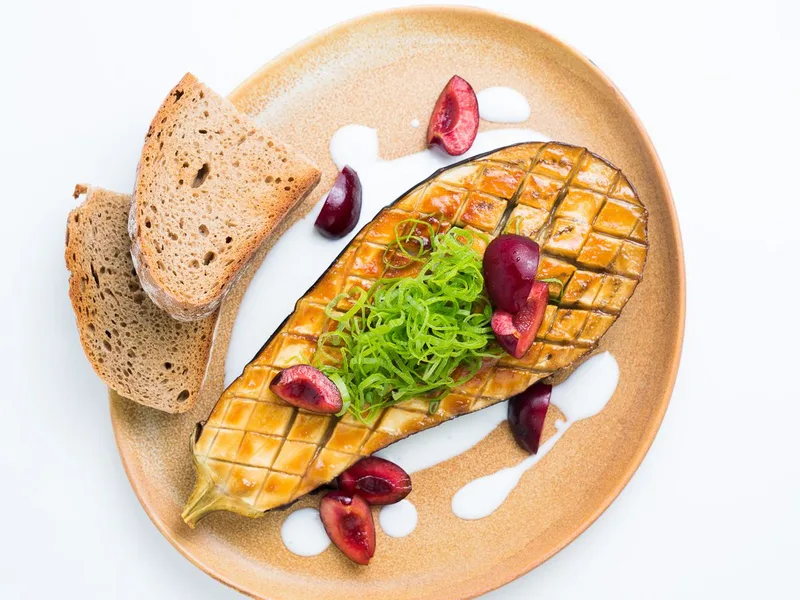 Miso Roasted Eggplant with Cherries and Kefir Toast