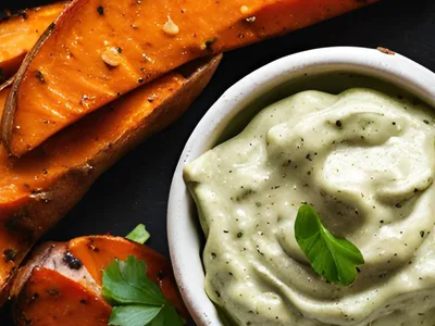 Roasted Sweet Potato Wedges with Garlic Cashew Dip