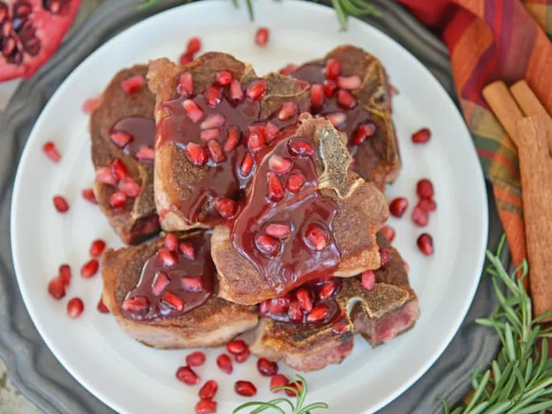 Spiced Pomegranate Glazed Lamb Loin Chops with Pan Sauce