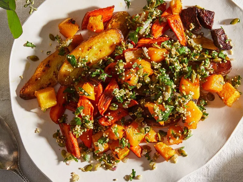 Roasted Vegetables with Herbed Pepita Quinoa Topping